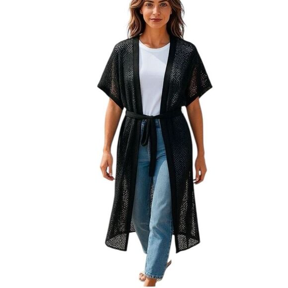 LOFT Crochet Kimono Beach Coverup Black with Belt Size XS /Small - Picture 2 of 11